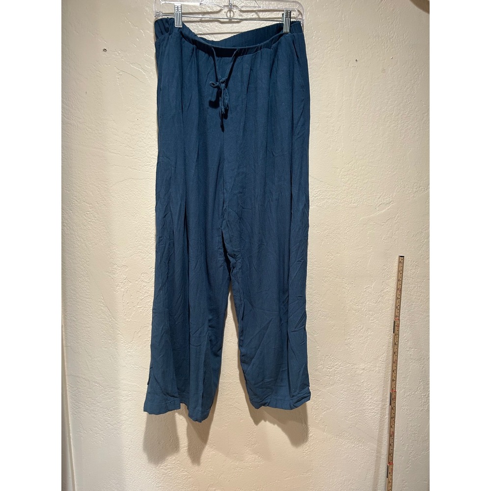 Bloggerlove Womens Wide Leg Pants Teal Blue‎ Elastic Drawstring Waist Size L